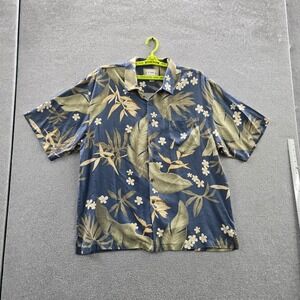 Seven Palm Men Button Up Shirt XXL Blue Silk Floral Hawaiian Shirt Short Sleeve